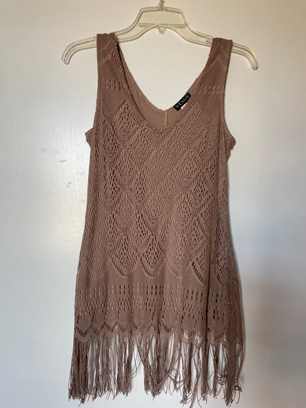VENUS Crochet Fringe Tunic in Taupe Brown
